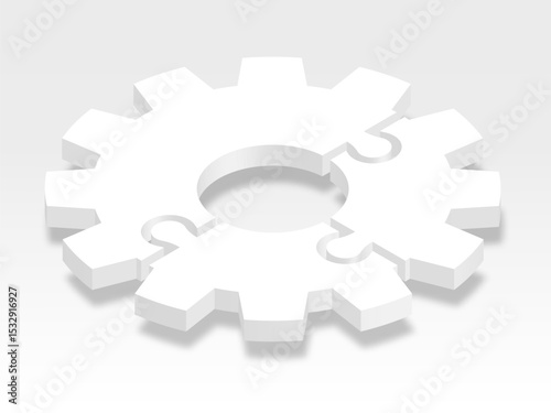 3d icon puzzle in white with shadow. Puzzle gear of three pieces with shadow  on white background your web site design, app, UI. Monochrome. EPS10.