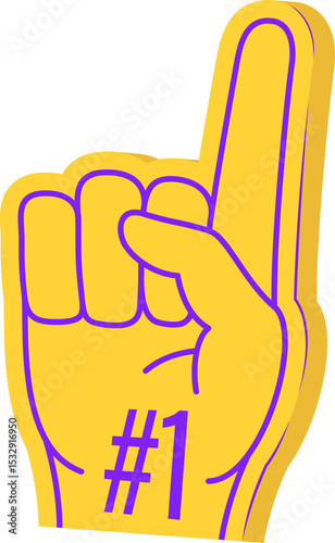 Yellow flat cartoon foam finger is featuring purple outline and #1 text on transparent background