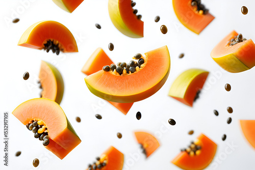 papaya slices with seeds on a white background