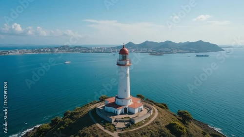 Aerial view of a lighthouse overlooking a beautiful seascape on a sunny day