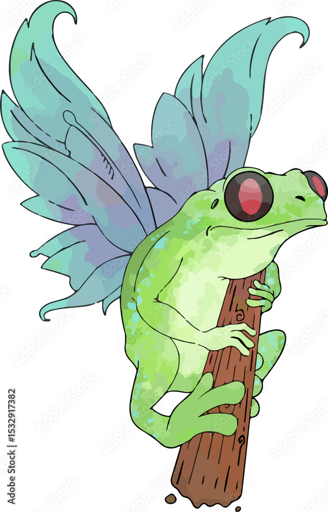 Obraz premium Flat design green tree frog is growing pastel butterfly wings on brown branch, clear background