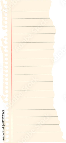 Torn notebook page is floating in flat design with perforations, red margin, transparent background