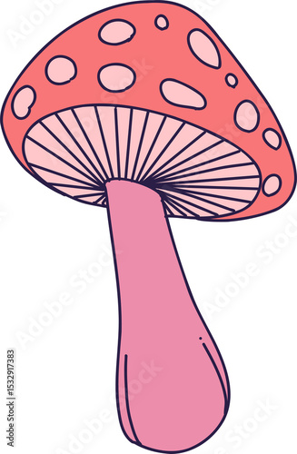 Flat design cartoon mushroom is showing red spotted cap with pink gills on transparent background