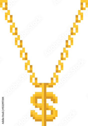 Pixel art gold chain necklace is showing square links and dollar sign, transparent background photo