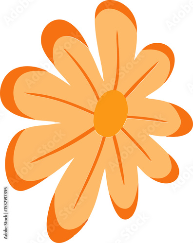 Showing flat cartoon flower floating on transparent backdrop with peach petals and orange disk