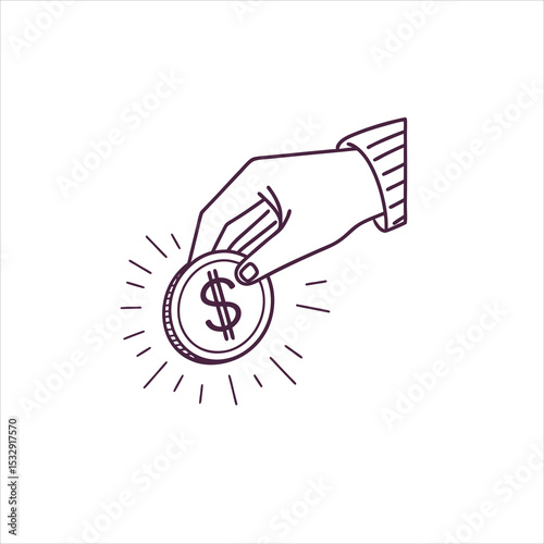 Hand holding a dollar coin with radiating lines on a white background