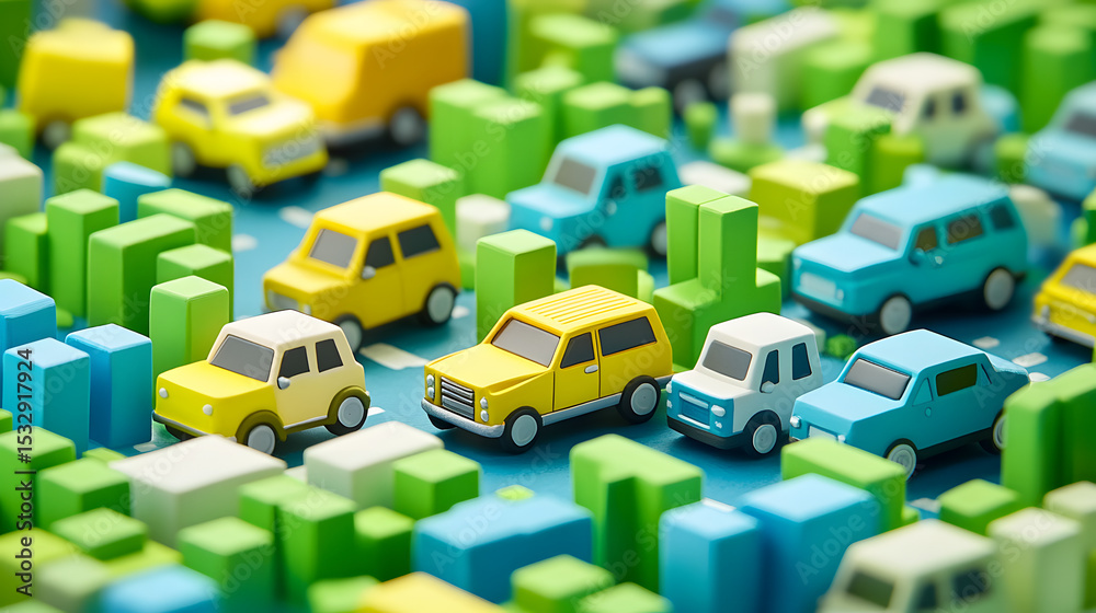 Obraz premium A colorful, playful illustration of miniature cars in a traffic scene, featuring various yellow and blue vehicles surrounded by green blocks.