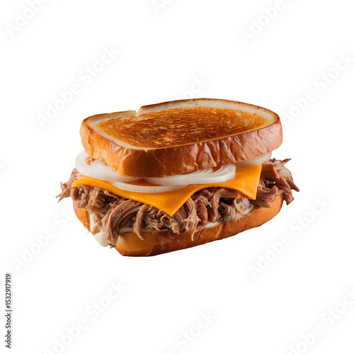 Delicious Toasted Sandwich with Beef Cheese and Onion Isolated