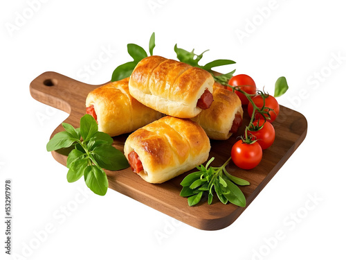 Delicious Sausage Rolls with Fresh Basil on Wooden Cutting Board