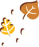 Autumn leaves and acorns are floating on transparent background in flat design, copy space