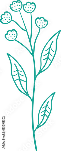 Botanical stem is being shown in line art, teal blossoms, leaves, transparent backdrop, copy space