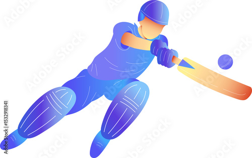 Cricket batsman is swinging orange-tipped bat at ball in blue-purple vector on transparent backdrop photo