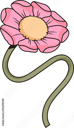 Cartoon flower showing pink petals, winding green stem and yellow center on transparent background