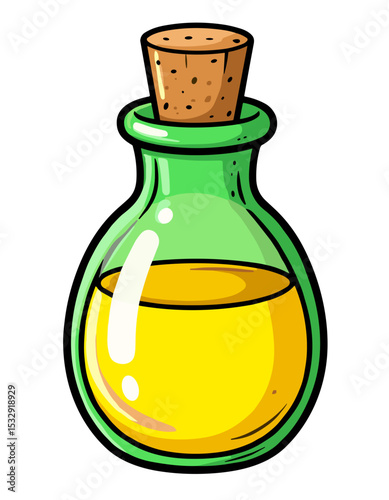 Cartoon magic potion bottle with yellow liquid and cork in flat vector style, fantasy elixir or game item concept