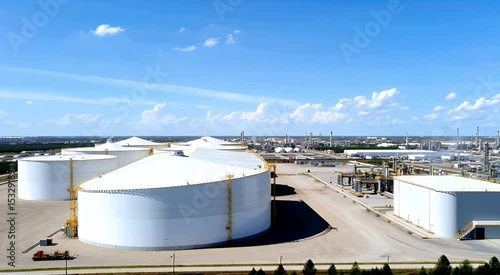 Aerial view of large storage tanks in an industrial complex.