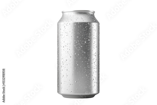 An icy silver can glistening with refreshing condensation promises a crisp and cool escape on on transparent background
