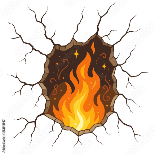 Cartoon fire blazing inside cracked wall hole in flat vector style, orange and black tones, danger or fantasy power concept with space to copy