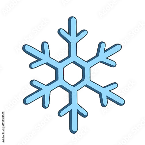 Flat cartoon-style light blue snowflake is radiating six branching arms on transparent background
