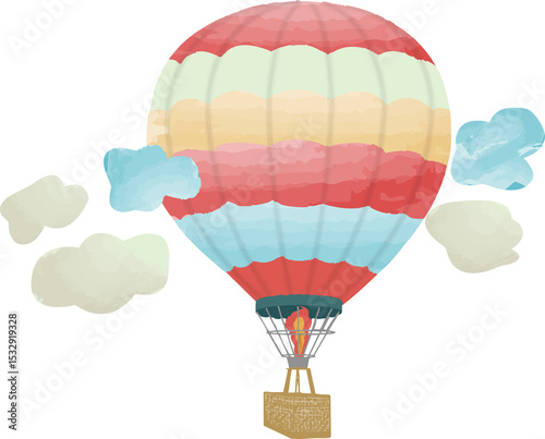 Striped hot air balloon is floating in watercolor with burner and basket on transparent background