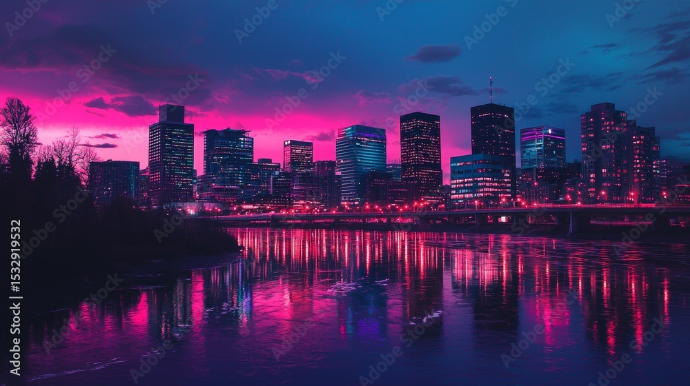 Obraz premium City skyline illuminated by pink and purple hues during the evening over a calm river reflecting city lights