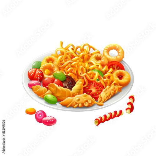 Delicious Pasta Dish with Colorful Candy and Vegetables