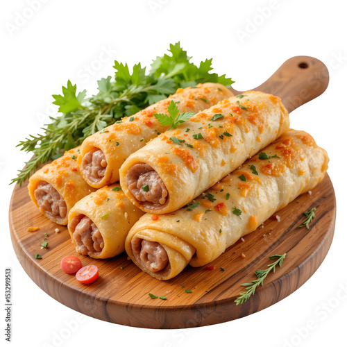 Delicious Meat Filled Pancakes on the Round Wooden Cutting Board