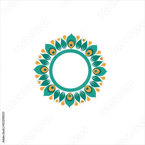Circular frame with teal and gold peacock feather inspired design