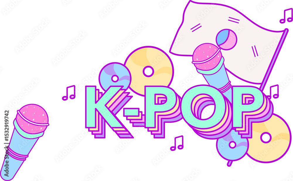 Fototapeta premium Floating vector is showing 3D K-POP text with microphones, CDs, flag and notes on transparent bg
