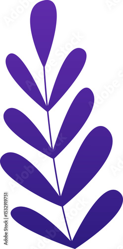 Abstract botanical branch is featuring purple oval leaves on transparent background, flat design