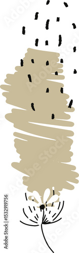 Doodle is combining beige scribble with black dots and daisy on transparent background, flat design