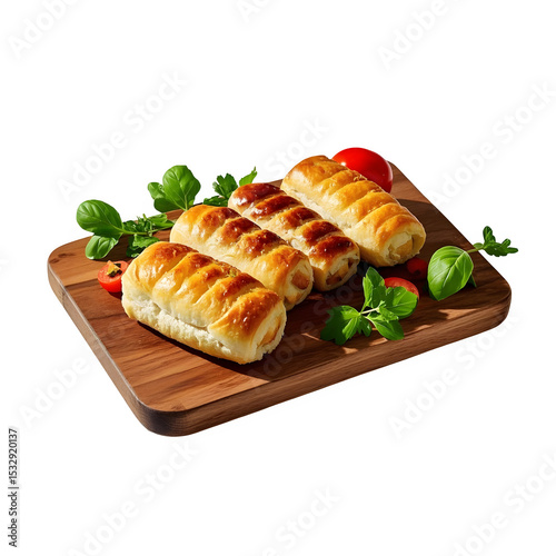 Appetizing Homemade Sausage Rolls with Tomato Basil and Wood Board