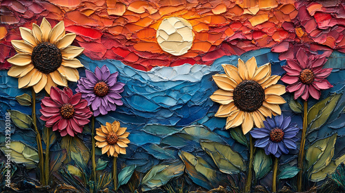 Textured sunflowers at sunset over mountains