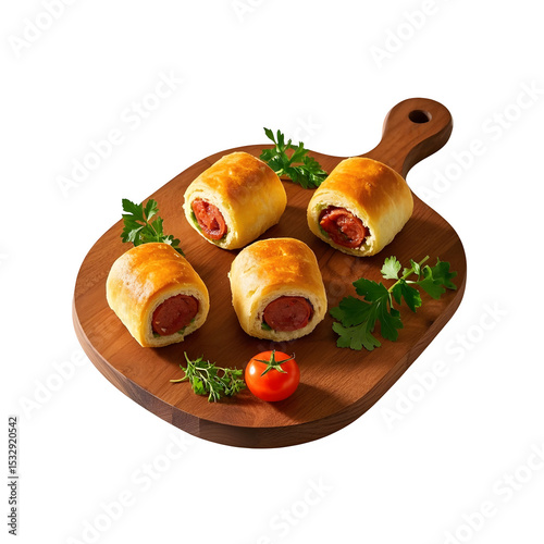 Appetizing Sausage Rolls on Wooden Cutting Board Isolated on White
