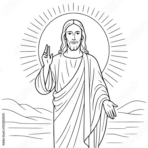 Jesus giving a blessing – sacred hand gesture in minimalist black and white line art