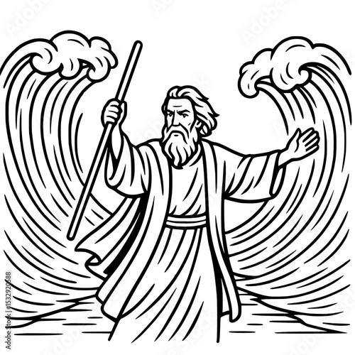 Moses parting the Red Sea – Old Testament scene in black and white line art style