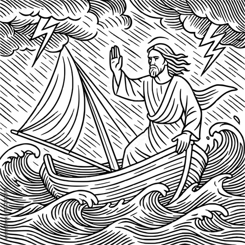 Jesus calming the storm – minimalist biblical line art illustration (black and white)