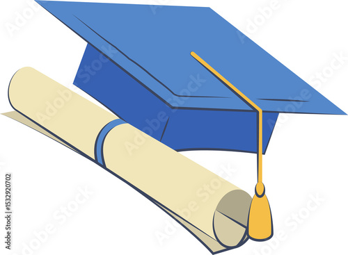 Vector blue graduation cap, tassel and diploma are floating over transparent background, copy space