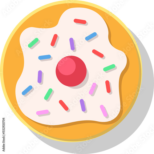 Flat-design donut is hovering on transparent backdrop with icing, sprinkles, red cherry, copy space