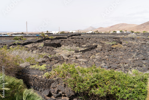 A sprawling volcanic terrain dominates the scene, with hints of buildings and mountains in the distance.