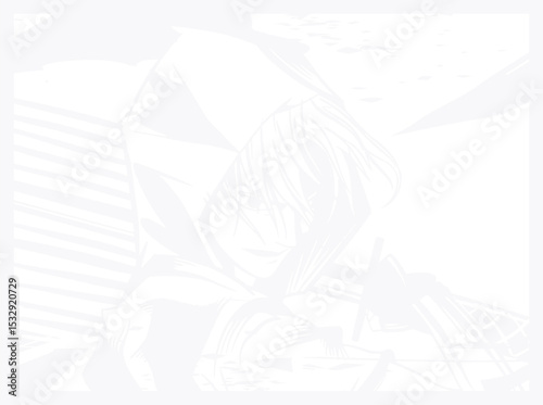 Hooded archer is drawing bow with nocked arrow in anime vector illustration, transparent background