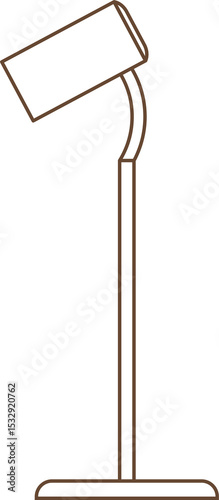 One-line floor lamp is showcasing curved neck, rectangular shade on transparent bg, copy space