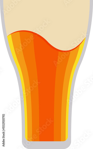 Illustration is showing pint glass with amber beer and frothy head in transparent flat design