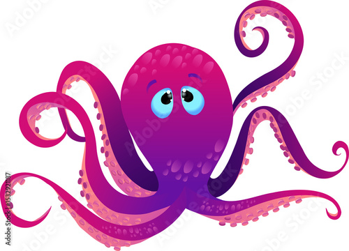stylized octopus is showing magenta-purple tentacles and glossy blue eyes on transparent background