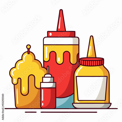 Cartoon illustration of ketchup mustard and honey containers