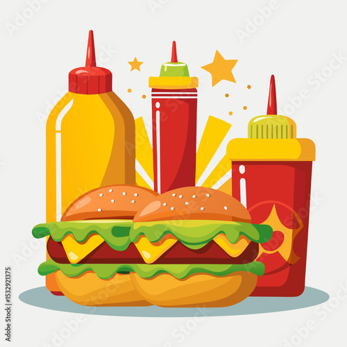 Delicious Cheeseburgers with Mustard Ketchup and Sauce Bottles