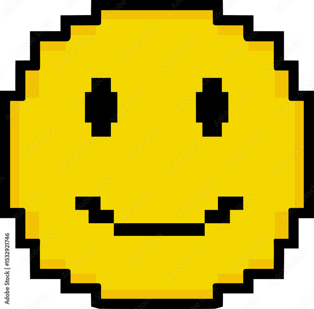 Obraz premium Pixel art yellow smiley face icon floating on transparent background, showing stepped pixel edges