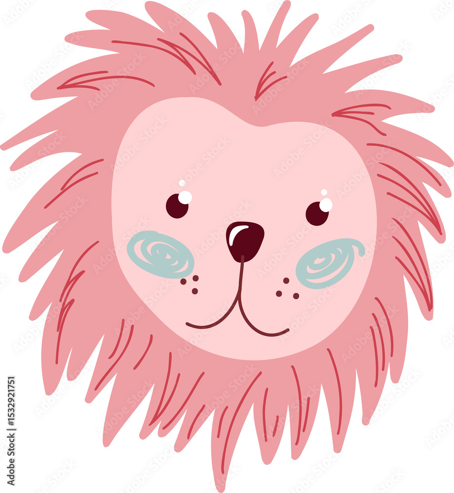 Obraz premium Cartoon lion head floating on transparent BG featuring pink mane, heart face, teal swirl cheeks