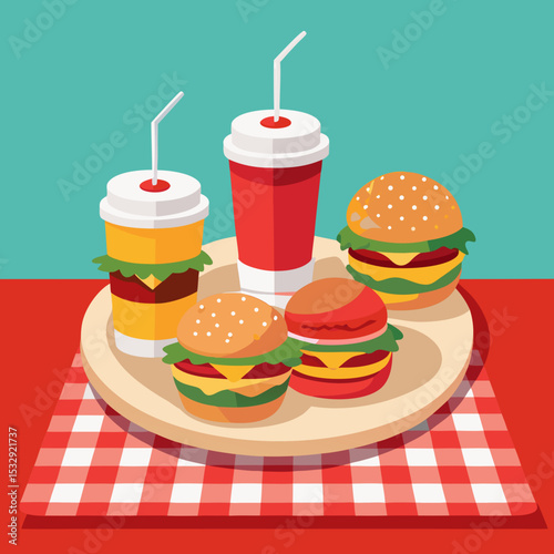 Delicious Cheeseburgers and Soda Drinks on a Picnic Table