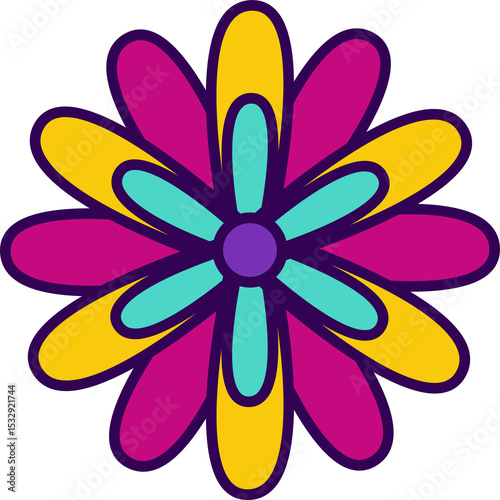 Flower icon is showcasing layered petals central disc in flat design, transparent background