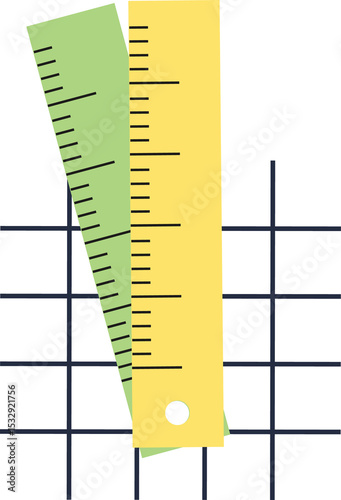 Flat design overlapping yellow and green rulers featuring hole and graduations on transparent grid